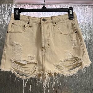 Fashion Nova Cream Distressed High-Rise Jean Shorts